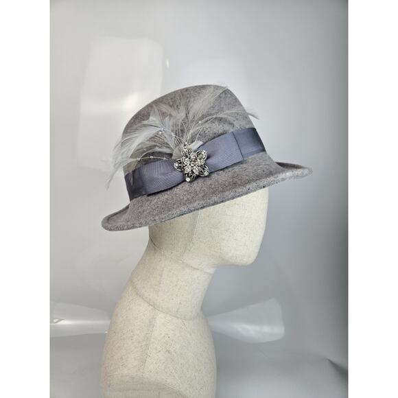 Uno‎ Alla Volta Feather Grey Wool Felt Fedora Hat EUC Made in USA main image 6